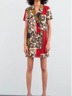 ZARA Paisley Patchwork Blazer Crossed Dress Size M Medium Short Sleeve Mini